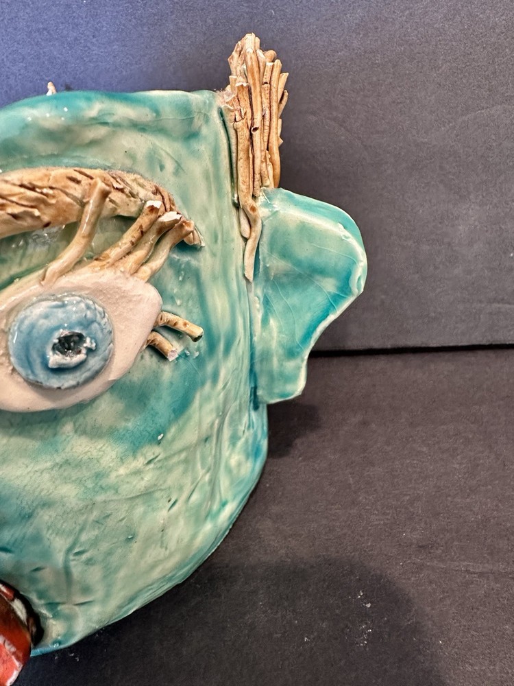 Art pottery planter whimsical face signed Sheila