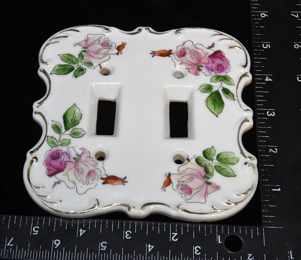 FLOWERED CERAMIC DOUBLE LIGHT SWITCH PLATE COVER