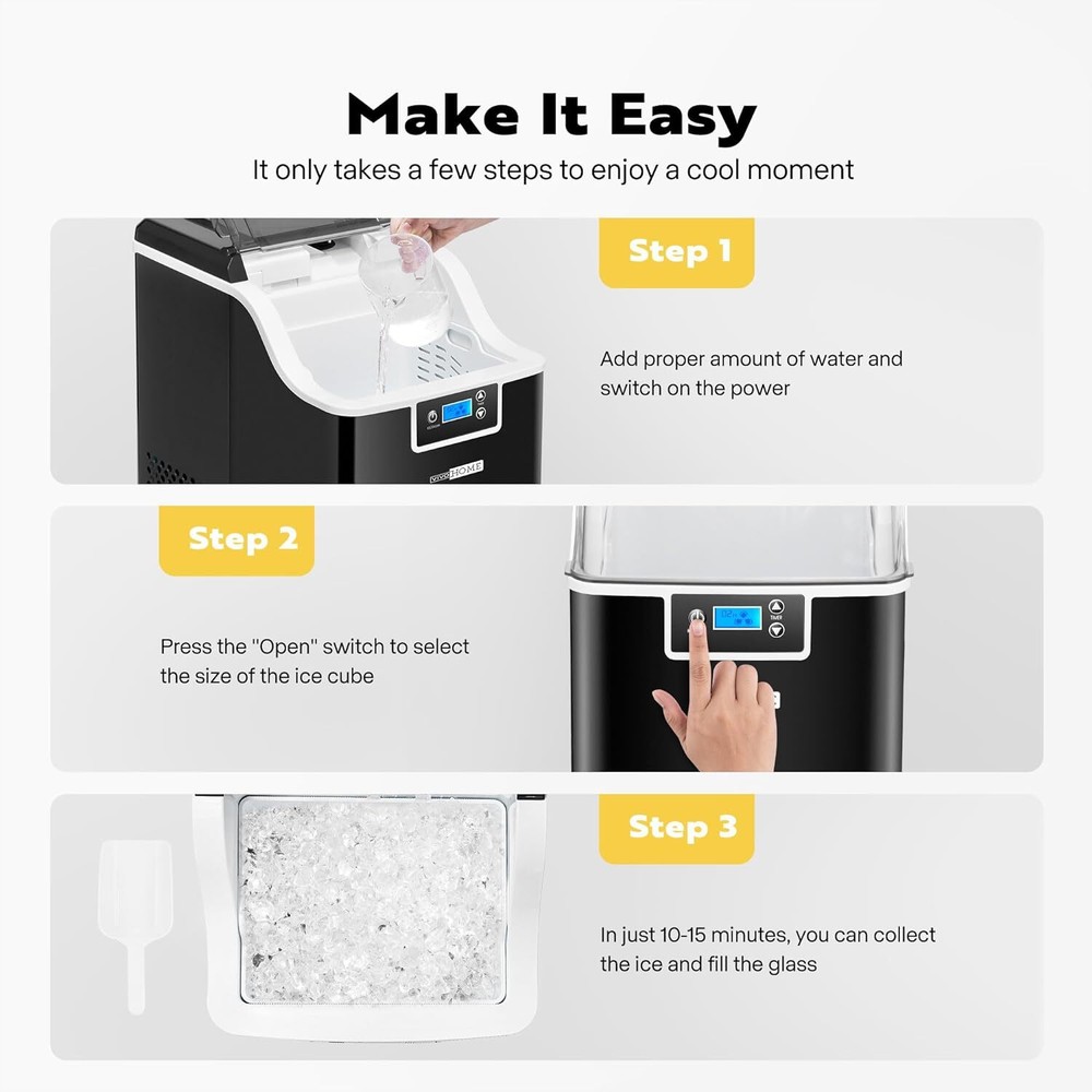 44lbs/Day Electric Chewable Nugget Ice Cube Maker Machine Self-Clean Function
