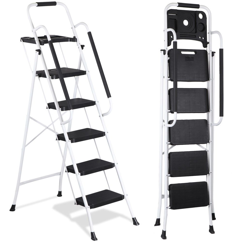 5 Step Ladder with Tool Platform and Handrails Safe Step Ladder 330 Lbs White