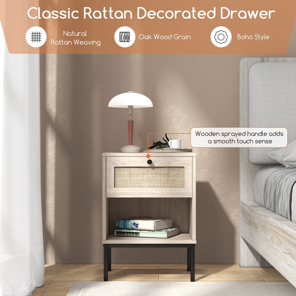 2 PCS Boho Style Nightstand Compact End Table w/Rattan Drawer & Open Shelf