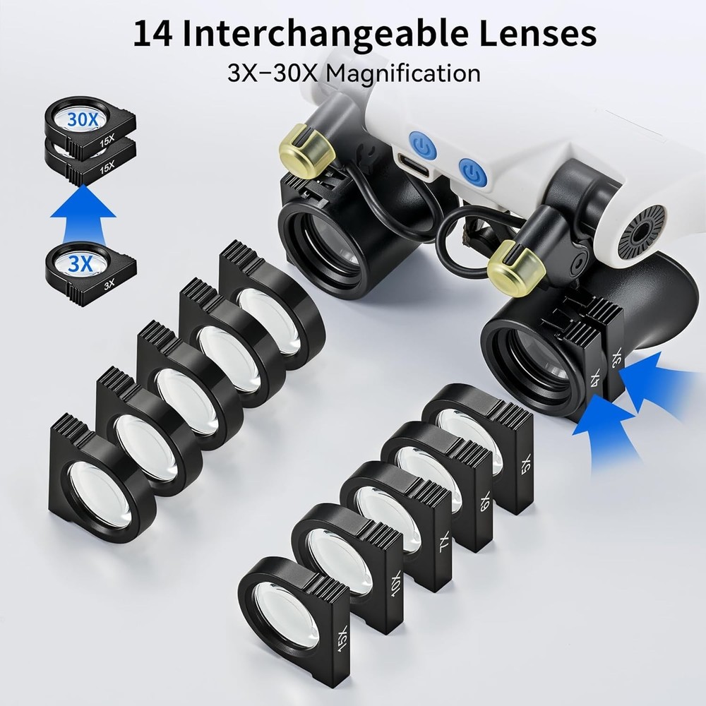 LED Lighted Magnifying Glasses with 14 Interchangeable Lenses for Precision Work