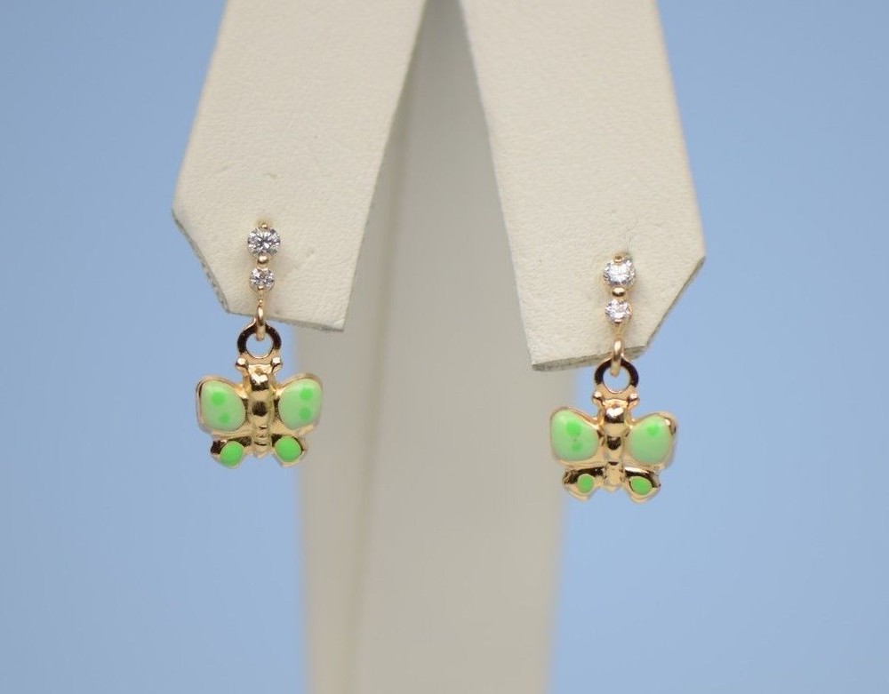 14K Solid Yellow Gold Butterfly Dangle Earring with Enamel