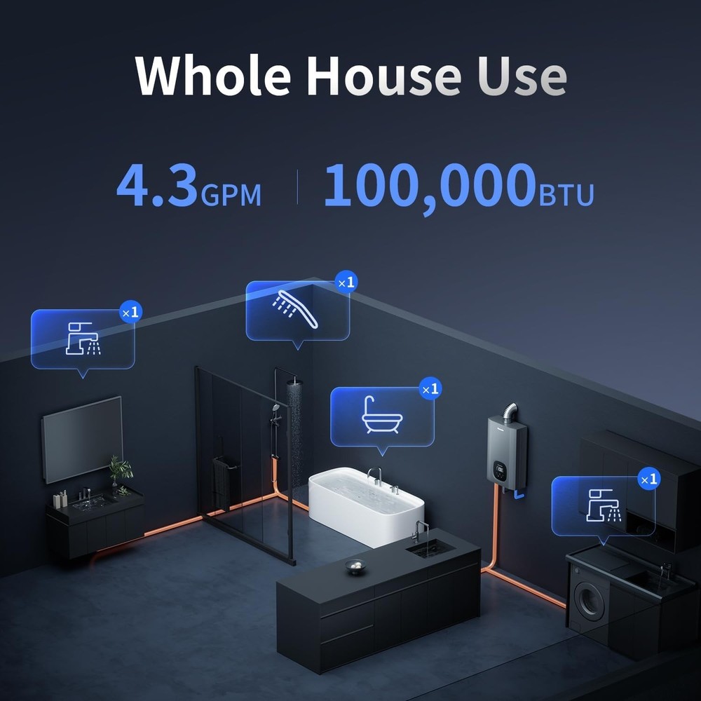 Ranein Propane Gas Tankless Water Heater, Indoor Max 4.3 GPM, 100,000 BTU