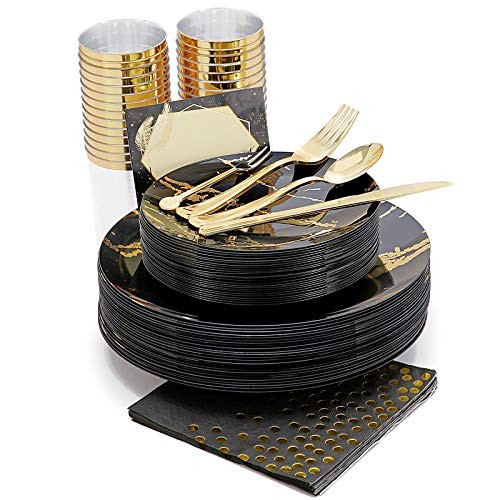 N9R 225pcs Gold Plastic Plates, Disposable Dinnerware Set Include 25 Black