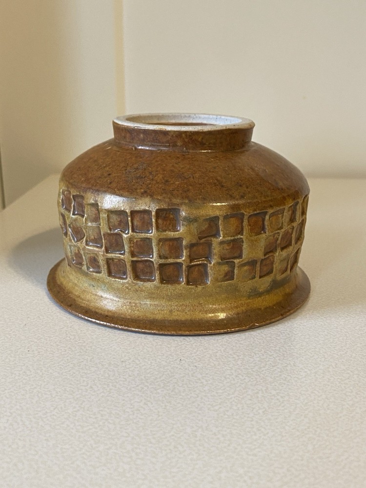 Unique Art Pottery Stoneware Lidded Jar Brown Beige Neutral Rust Square Pattern