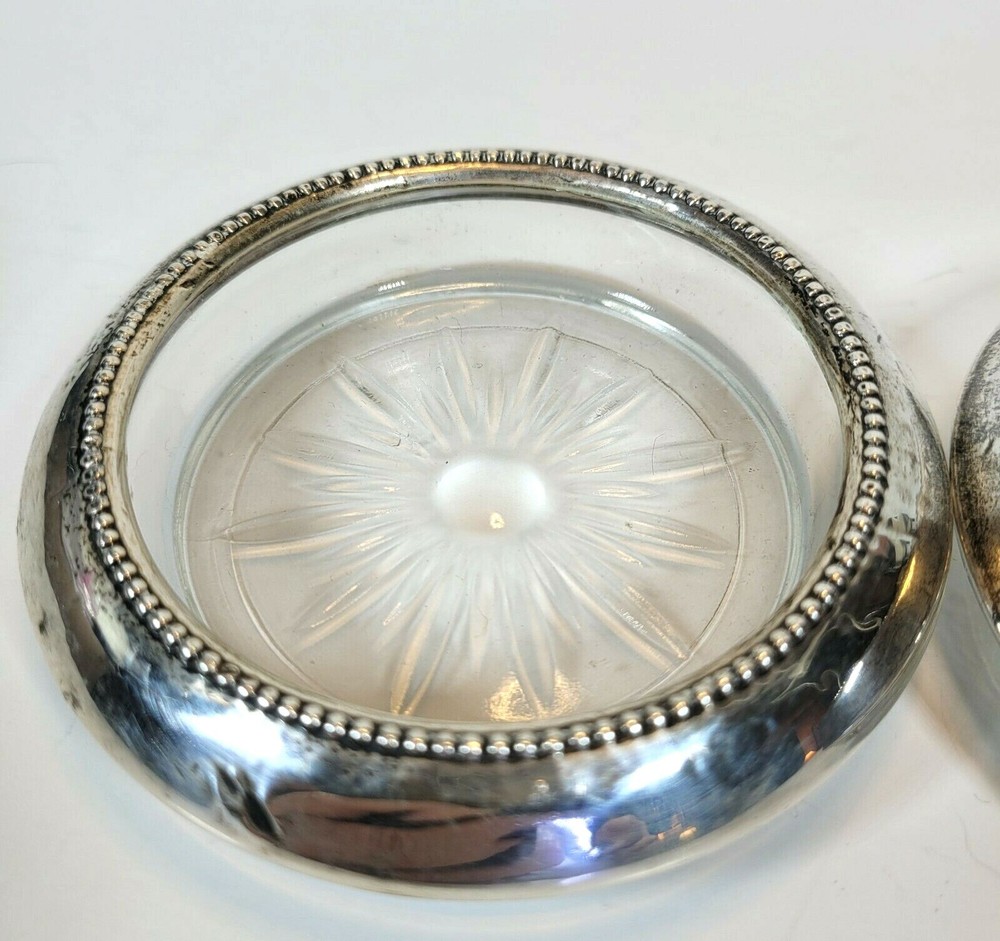 2 Vintage Beaded Trim Sterling Silver Crystal Coasters