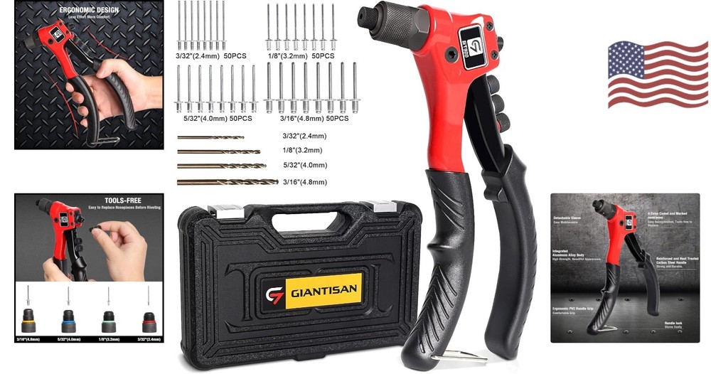 Versatile Pop Rivet Tool Kit: 200 Rivets, 4 Interchangeable Bits, & Carry Case