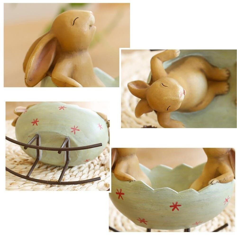 KiaoTime Laughing Bunny Rabbits in Easter Egg Cradle Spring Decor 5" H