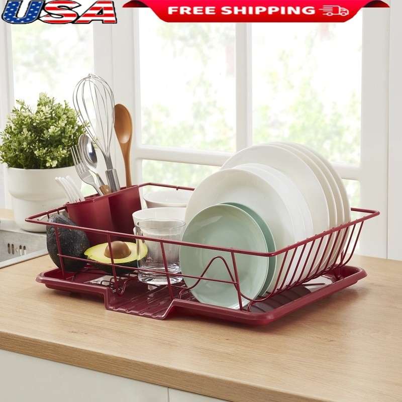 3-Piece Large Dish Drainer Set W/ Steel Rack Cutlery Caddy Waterproof Tray New