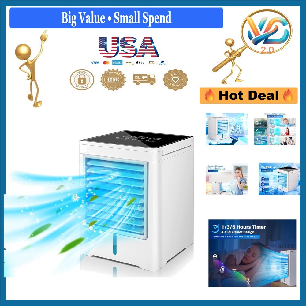 Portable USB Evaporative Air Cooler Fan 3 Speeds & Timers White