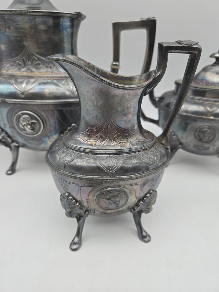 Antique Figural & Footed Silver Plated Teapot Set