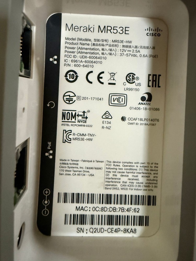 Cisco Meraki MR53EHW Wave 2 Access Point