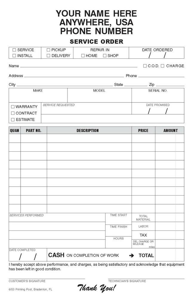(250) 2-part Repair Order - Service Order - Work Order