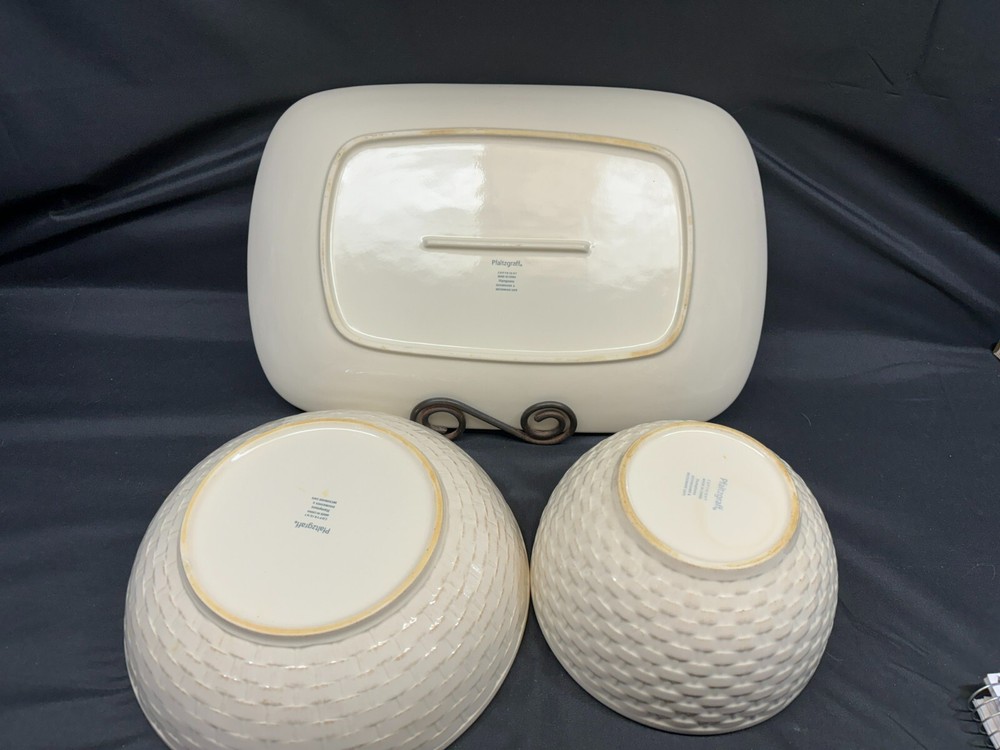 Pfaltzgraff "HAMPTONS" Basketweave ~ 3 Piece Serving Set: Bowls, Platter