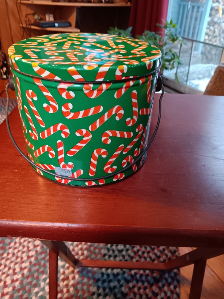 vtg candy cane tin pail. 1419