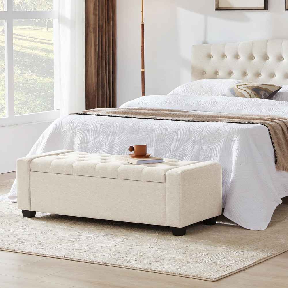 48" Ottoman with Storage, Storage Ottoman Bench with Safety Hinge, Upholstered E
