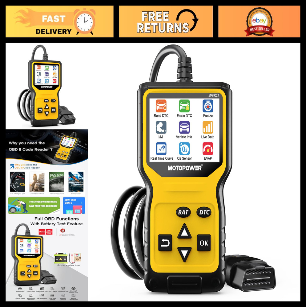 OBD2 Scanner Code Reader, Check Engine Light Diagnostic Tool & Battery Tester