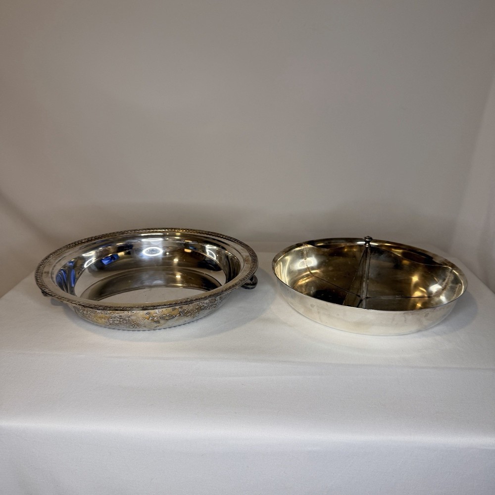 Vintage Silver Plate Divided Two-piece Serving Bowls w/Raised Scroll Edge