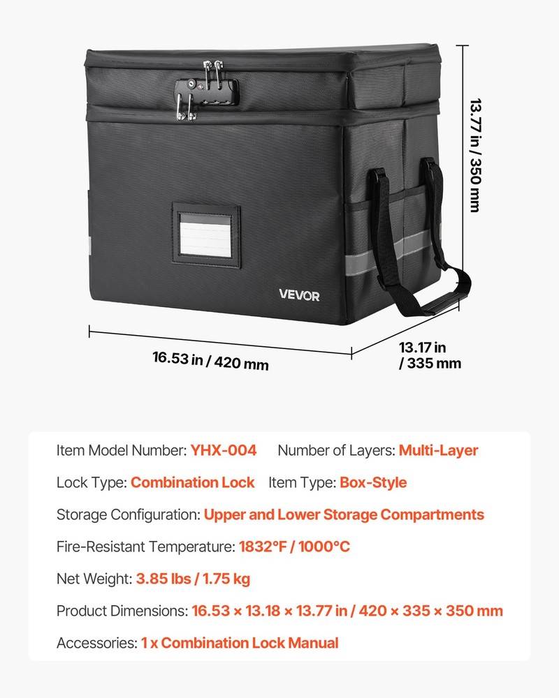 VEVOR Fireproof Document Box 1832 ℉ Heat Insulated Two-Layer File Box with Lock