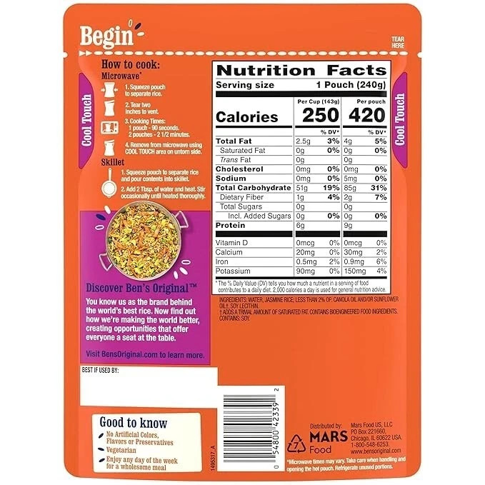 BEN'S ORIGINAL Ready Rice Jasmine Rice, Easy Dinner Side, 8.5 OZ Pouch (PaCK 6)