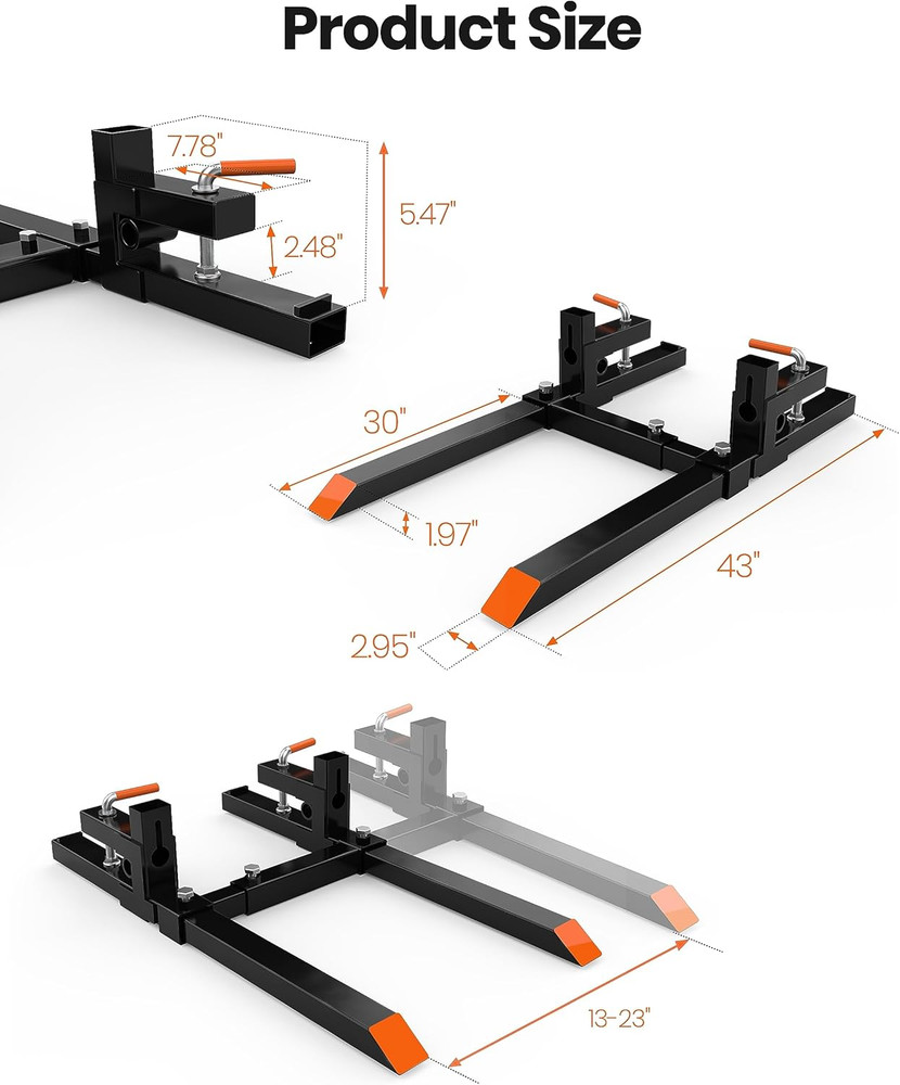 43" Clamp-On Pallet Forks with Adjustable Stabilizer Bar, 2000 LBS Capacity for