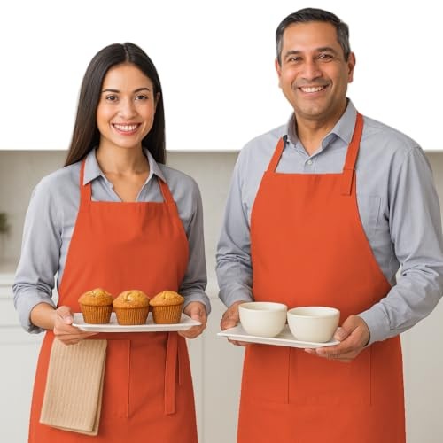 Kitchen Apron 2 Pack - 100% Cotton Adjustable, Durable Apron with Orange