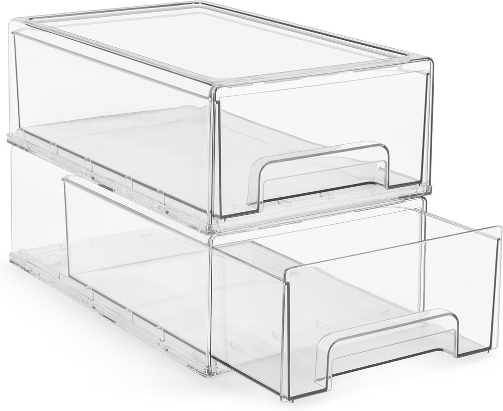 Medium Clear – 2-Pack Plastic Organizer Bins with Handles – Stackable Pull-Ou...