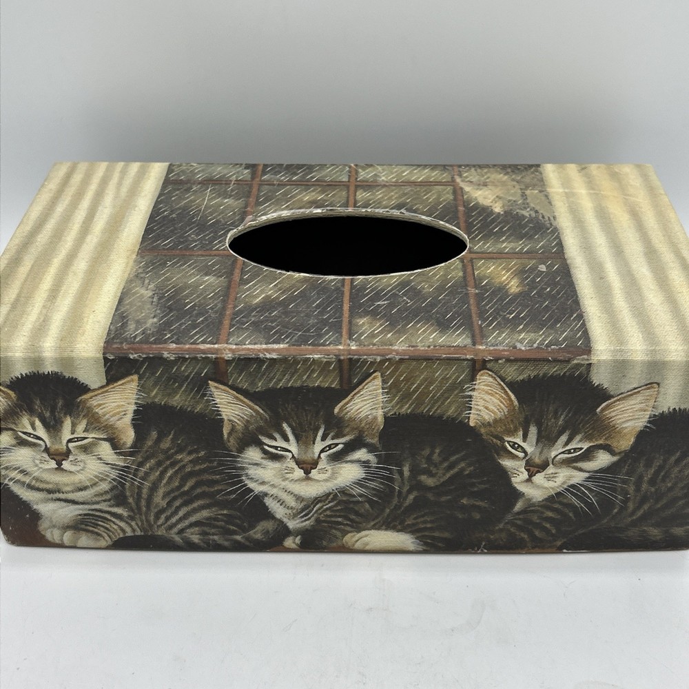 Primitive Tissue Box Bob’s Boxes All Creatures Cats Kittens Rainy Window VTG