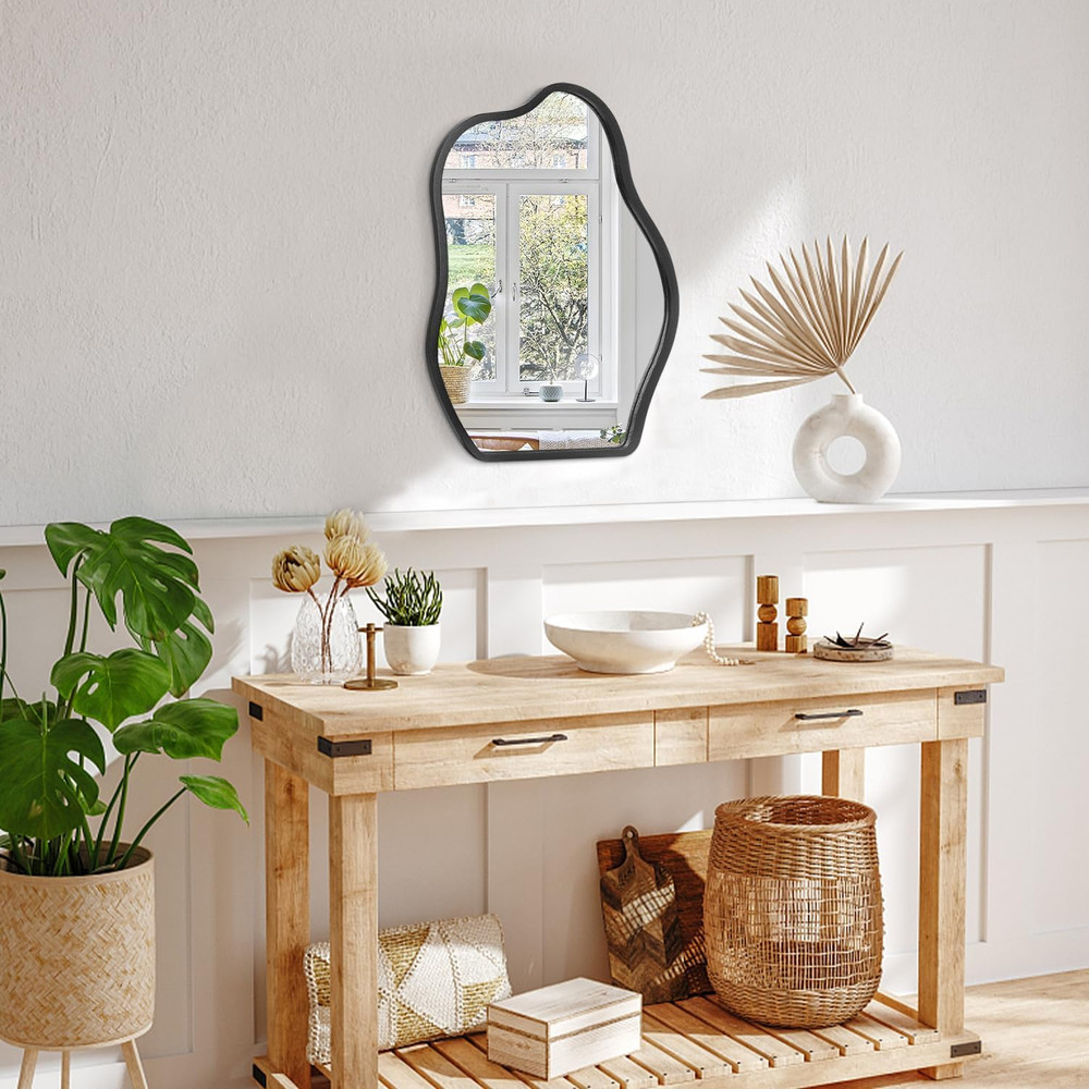 Asymmetrical Wood Frame Mirrors for Wall Oval Hanging Mirror Unique Irregular Mo