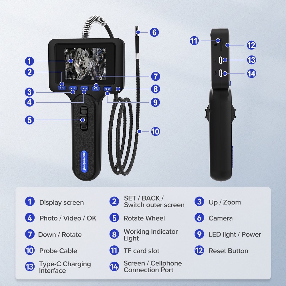 Two-Way Articulating Borescope with Light Industrial Endoscope Camera 6.25mm
