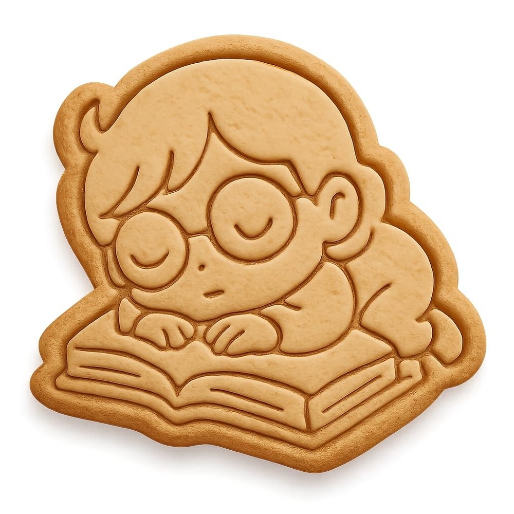 Sleeping Chibi Bookworm Cookie Cutter & Stamp, Fondant & Clay Cutter - 4x4"