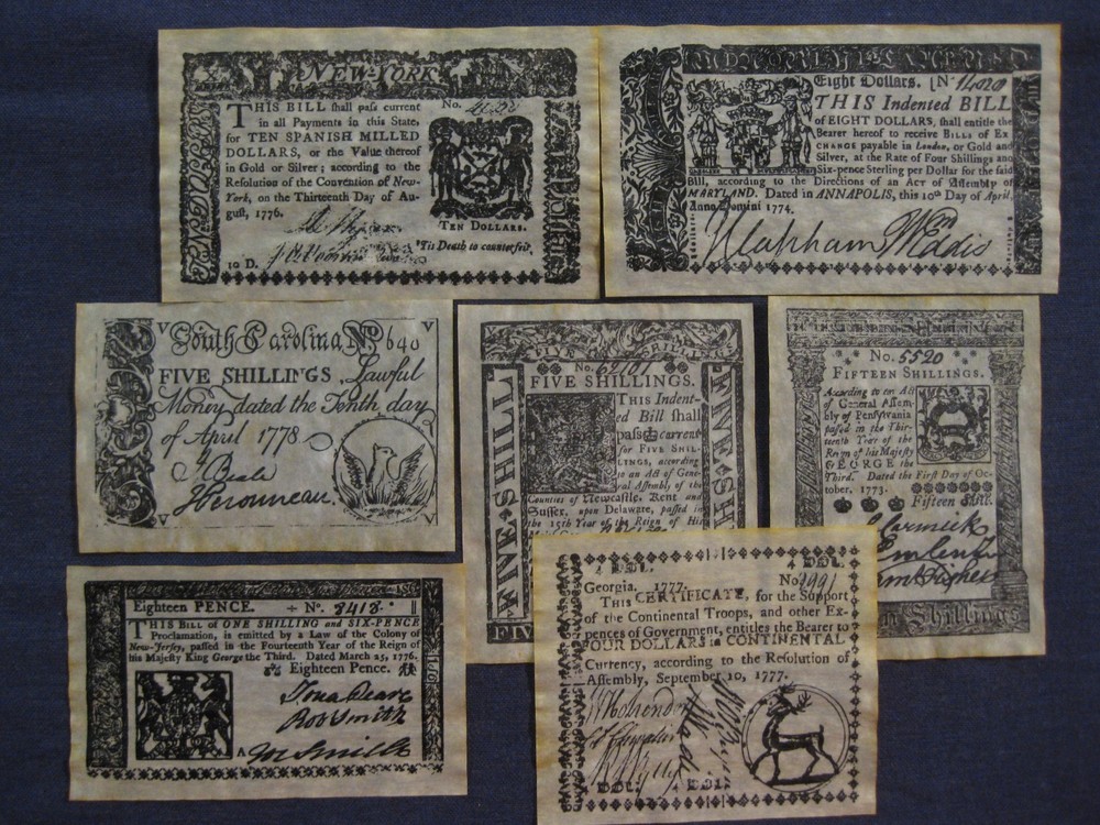 U.S. Colonial & Revolutionary Banknote set Historical documents NICE 7 notes