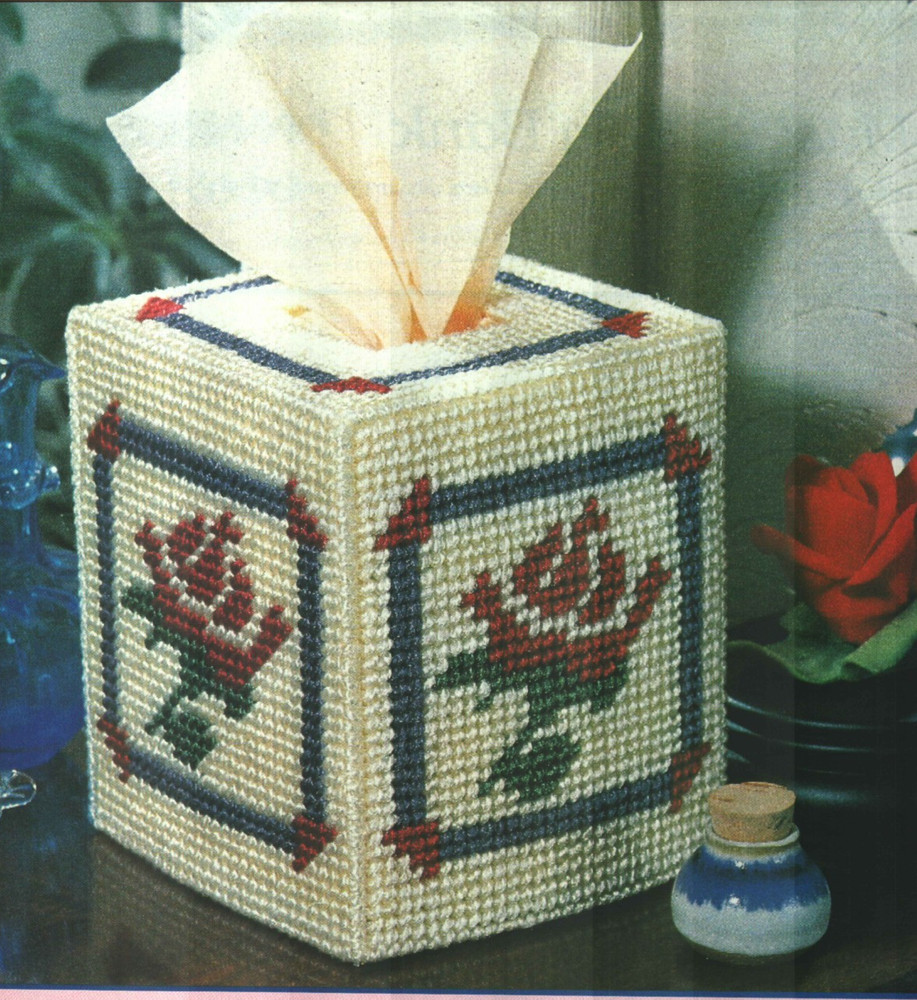 RAMBLIN' ROSE TISSUE BOX COVER HOME DECOR PLASTIC CANVAS PATTERN INSTRUCTIONS