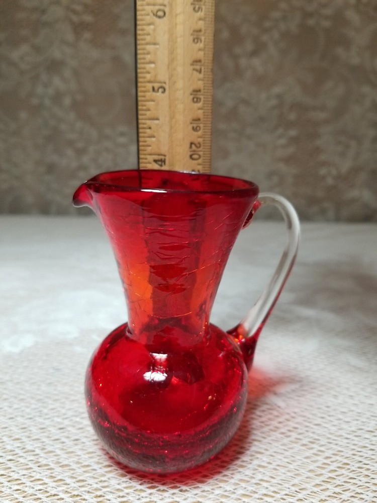Crackle Glass Red Hand Blown 3.75" Pitcher