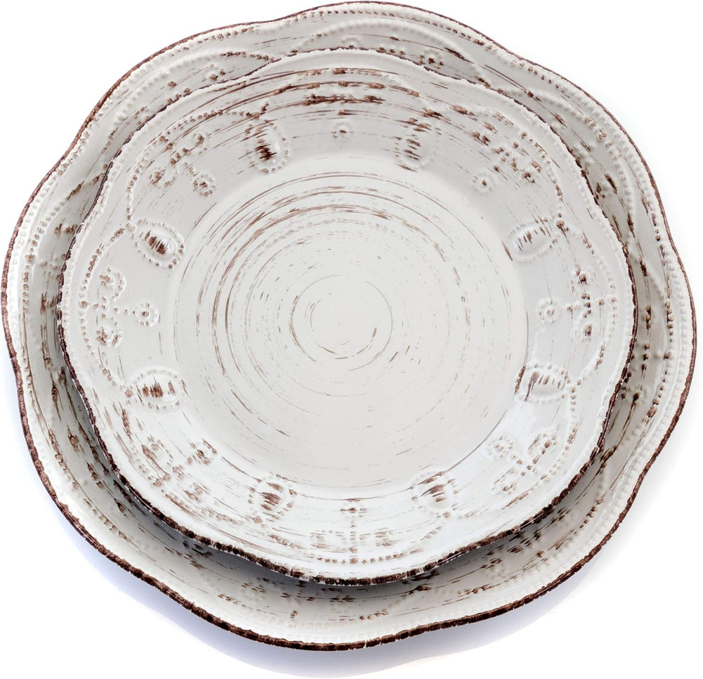 Rustic Birch 16 Piece Embossed Scalloped Stoneware round Dinnerware Set in White