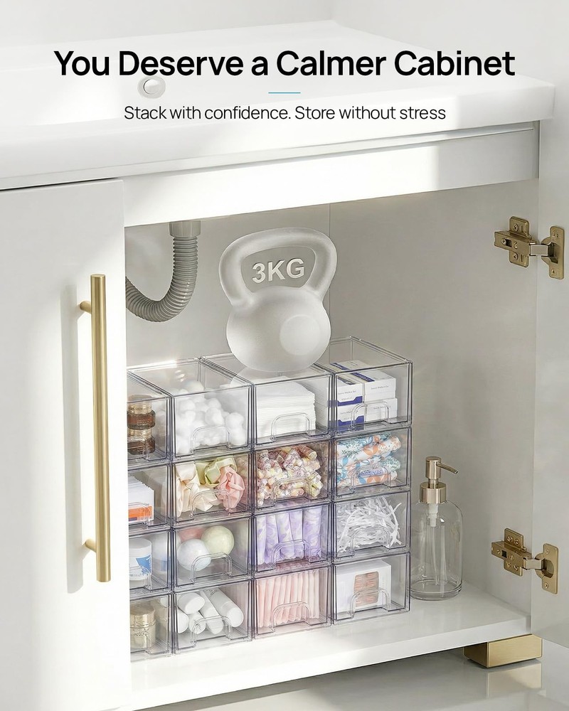 Vtopmart 4 Pack Small Clear Stackable Storage Drawers,Acrylic Bathroom Makeup