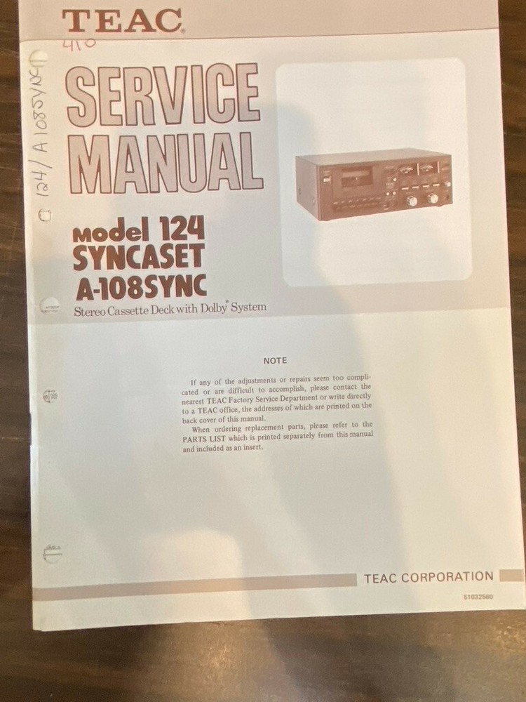 Teac A-108Sync A-108 Sync Model 124 Syncaset Cassette Service Manual *Original*