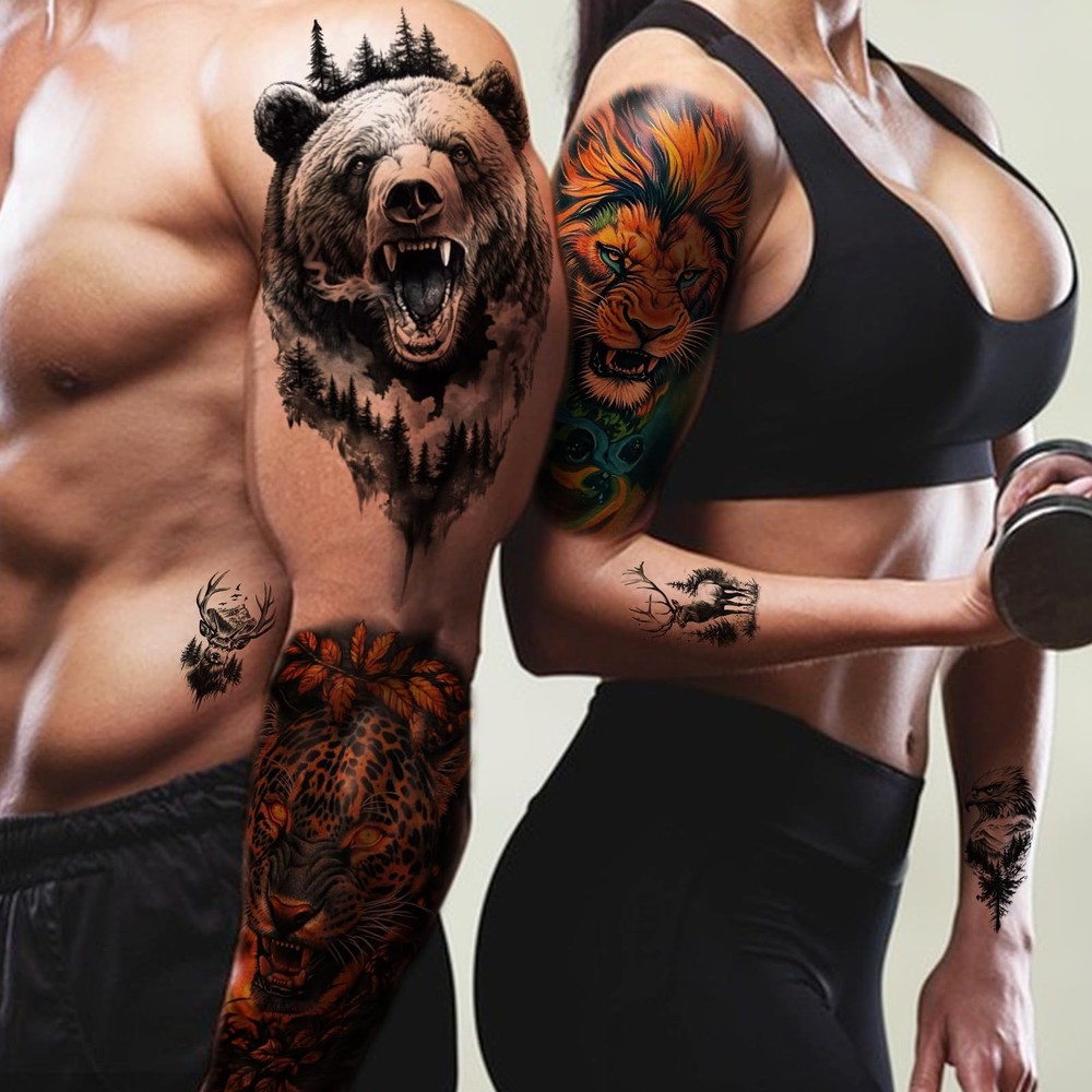 77 Sheets Forest Animals Temporary Tattoo for Women Men 17 Sheets Half Arm Large