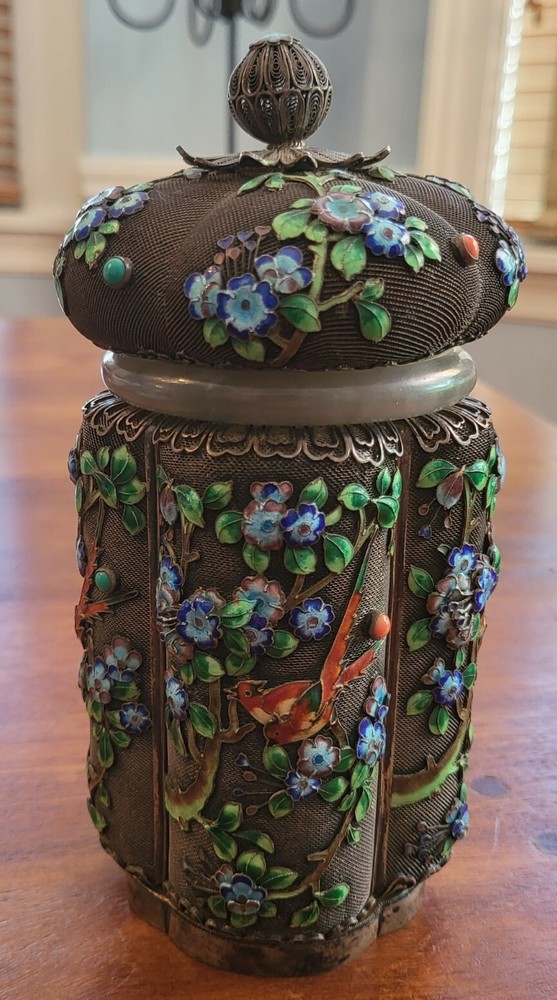 ANTIQUE CHINESE EXPORT SOLID SILVER ENAMEL BIRD & FLOWERS TEA CADDY JADE BANGLE