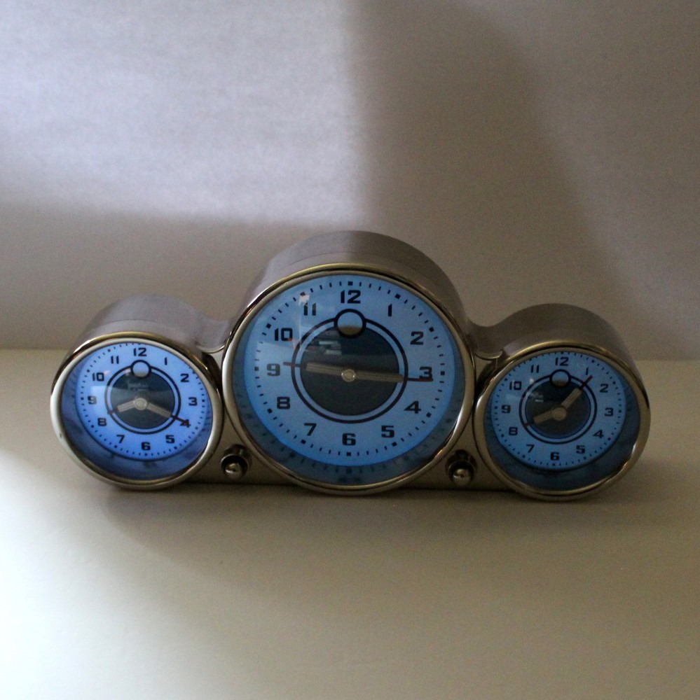 Pottery Barn Chrome 3 Time Zone Clock Blue Light retro dashboard aviator car