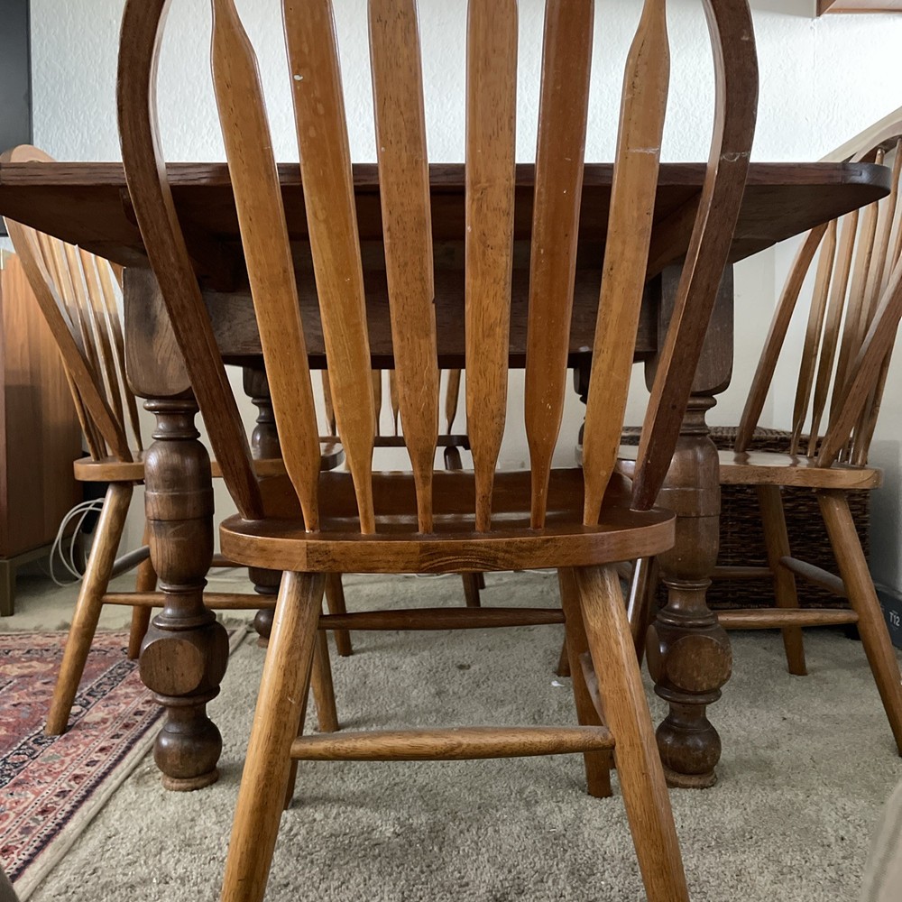 Vintage Solid Oak Dining Rectangle 59.25” Table. 4 Arrowback Chairs. Made Taiwan
