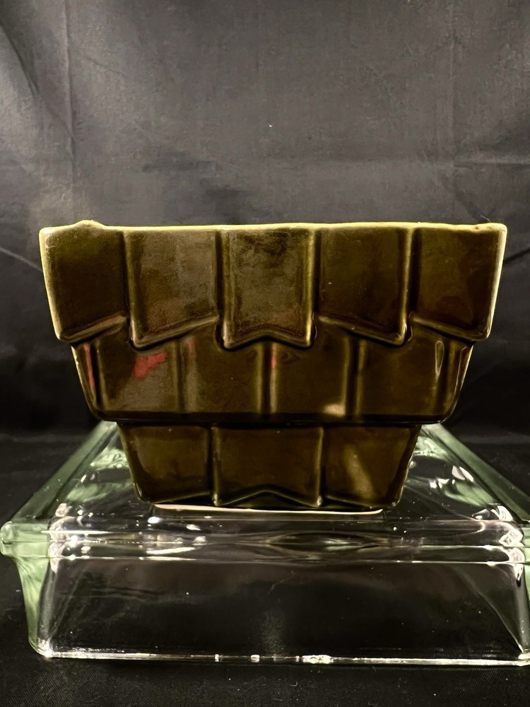 Olive Green Planter By Cookson Pottery, Rectangular With Geometric Design