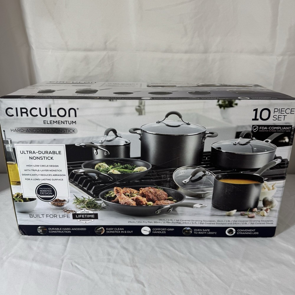 Complete Circulon Elementum 10pc Hard-Anodized Nonstick Cookware Set Silver MINT