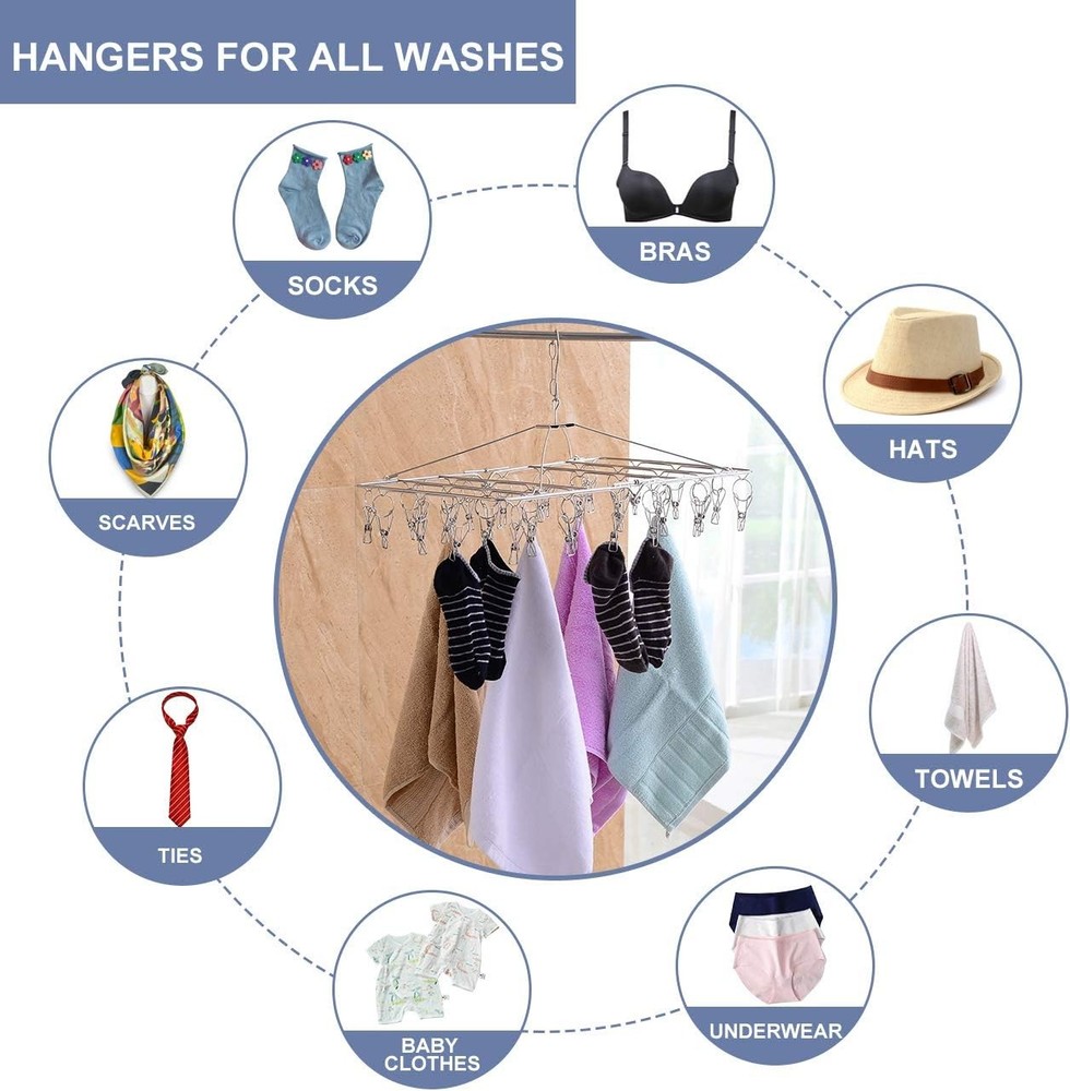 Drying Rack, 52 Clips Stainless Steel Laundry Drying Rack Folding