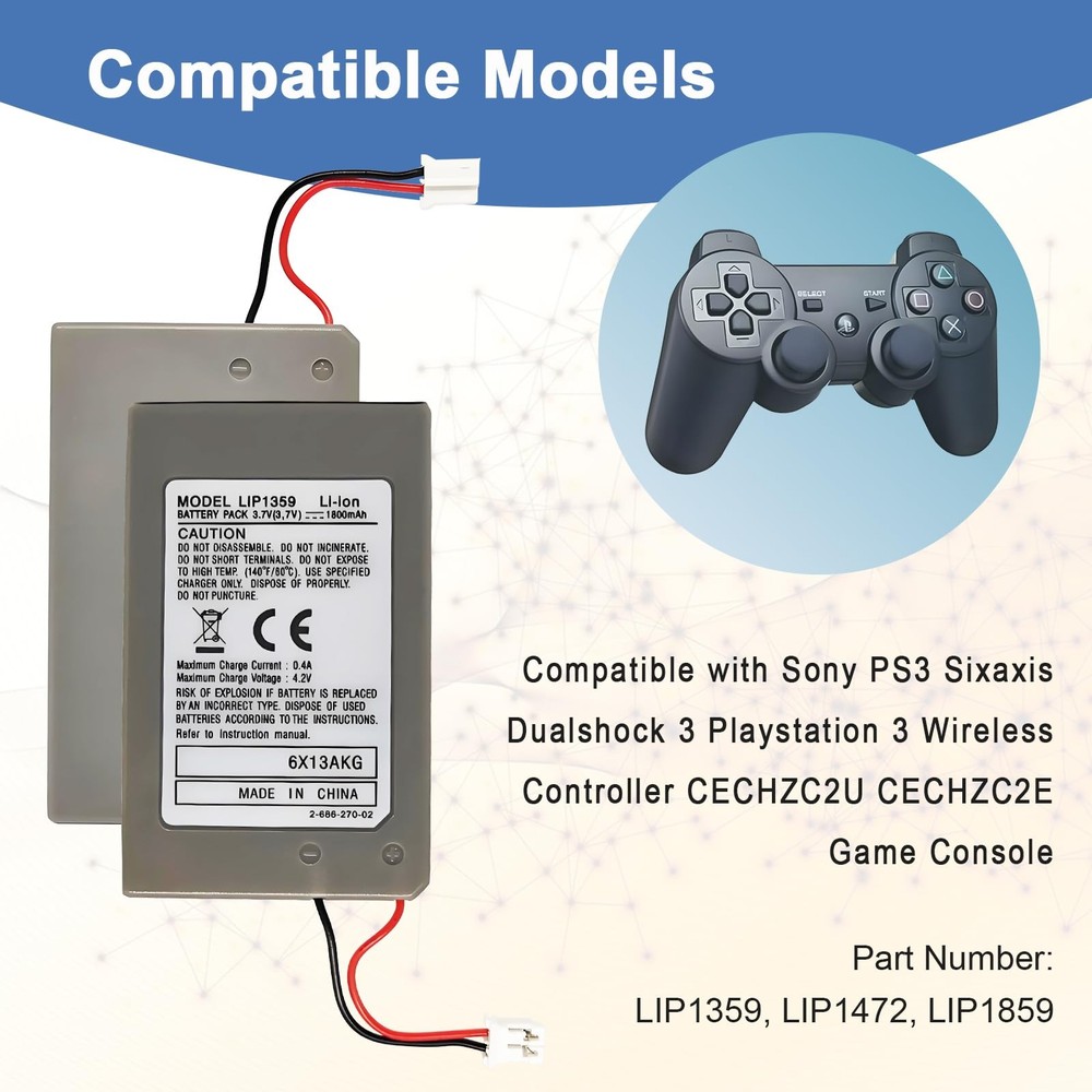 LIP1359 for PlayStation 3 Controller Battery: 2 Pack Upgraded Replacement Bat...