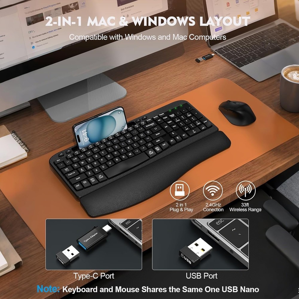 Ergonomic Wireless Keyboard Mouse Combo Wave Keys Wrist Rest USB-C PC Mac