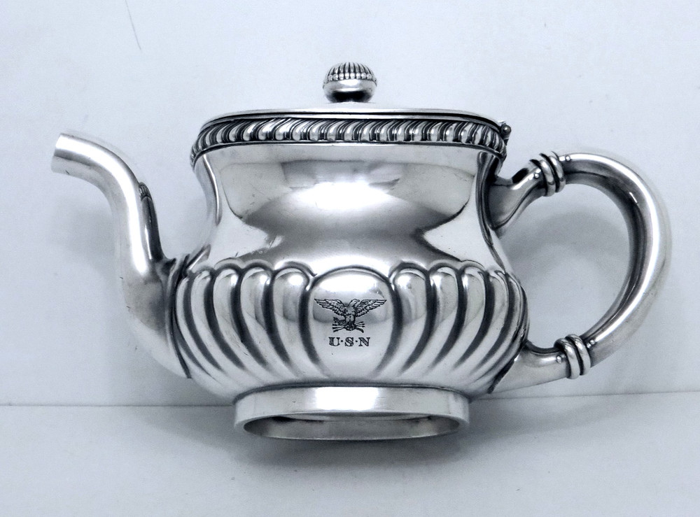 GORHAM SILVER SOLDERED WWI–INTERWAR USN OFFICERS’ TEAPOT HORIZONTAL EAGLE CREST