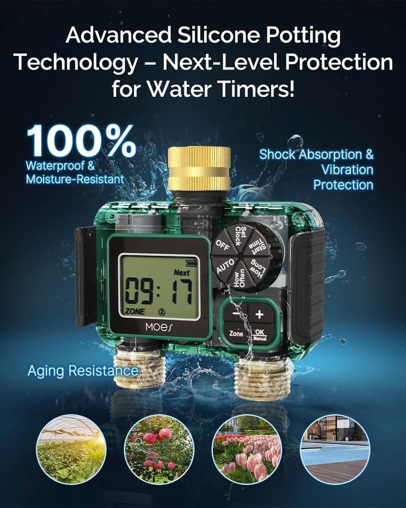 MOES 2Zone Brass Programmable Irrigation Timer with Rain Delay for Garden Hose