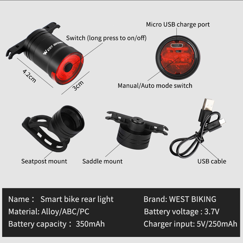 WEST BIKING Smart Bicycle Rear Tail Light USB Rechargeable Brake Sensing Light
